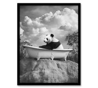 Panda Bear in Elegant Bathtub Black White Surreal Framed Art Print Artery8 Grey A4