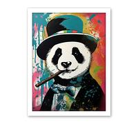 Artery8 Panda Bear Wearing Blue Top Hat Suit Smoking Cigar Artwork Framed Wall Art Print 18X24 Inch