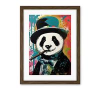 Artery8 Panda Bear Wearing Blue Top Hat Suit Smoking Cigar Artwork Framed Wall Art Print 18X24 Inch