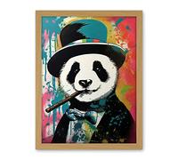 Artery8 Panda Bear Wearing Blue Top Hat Suit Smoking Cigar Artwork Framed Wall Art Print 18X24 Inch