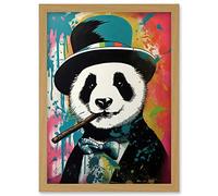 Artery8 Panda Bear Wearing Blue Top Hat Suit Smoking Cigar Artwork Framed Wall Art Print A4