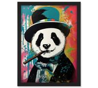 Artery8 Panda Bear Wearing Blue Top Hat Suit Smoking Cigar Artwork Framed Wall Art Print A4 in Black Artery8 Black