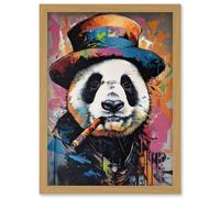 Panda Bear with a Suit Low Top Hat and a Cigar Artwork Framed Wall Art Print A4 Artery8 Light Oak One Size