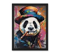 Artery8 Panda Bear with a Suit Low Top Hat and a Cigar Artwork Framed Wall Art Print 18X24 Inch