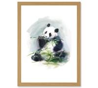Artery8 Panda Eating Bamboo Watercolour Artwork Framed Wall Art Print A4 in Light Oak Artery8 Light Oak