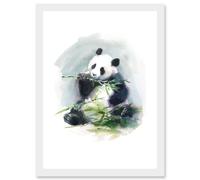 Artery8 Panda Eating Bamboo Watercolour Artwork Framed Wall Art Print A4 in White Artery8 White