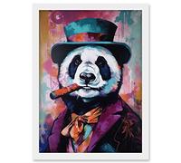 Artery8 Panda Portrait with Purple Suit Top Hat and Cigar Artwork Framed A3 Wall Art Print