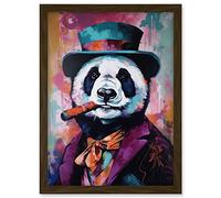 Artery8 Panda Portrait with Purple Suit Top Hat and Cigar Artwork Framed A3 Wall Art Print