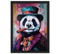 Artery8 Panda Portrait with Purple Suit Top Hat and Cigar Artwork Framed A3 Wall Art Print