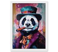 Artery8 Panda Portrait with Purple Suit Top Hat and Cigar Artwork Framed Wall Art Print A4