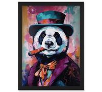 Artery8 Panda Portrait with Purple Suit Top Hat and Cigar Artwork Framed Wall Art Print A4