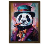 Artery8 Panda Portrait with Purple Suit Top Hat & Cigar Artwork Framed Wall Art Print A4 in Brown Artery8 Brown