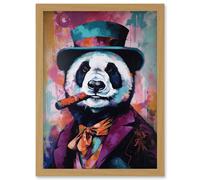 Panda Portrait with Purple Suit Top Hat and Cigar Artwork Framed Wall Art Print A4 Artery8 Light Oak One Size