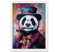 Artery8 Panda Portrait with Purple Suit Top Hat and Cigar Artwork Framed Wall Art Print A4