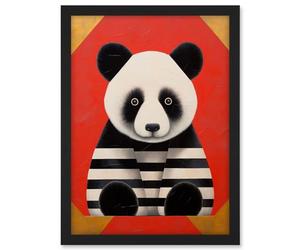 Artery8 Panda with Stripes Fun Kids Bedroom Baby Nursery Bright Bold Artwork Red Black White Artwork Framed A3 Wall Art Print
