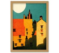 Wee Blue Coo Paper Cut Dean Village Edinburgh in Vibrant Reds and Yellows Artwork Framed Wall Art Print A4