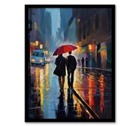 Artery8 Paris In The Springtime Colourful Oil Painting Couple With A Red Umbrella Talking A Romantic Walk On A Rainy Night Bedroom Art Artwork Framed Wall Art Print A4