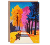 Artery8 Greeting Card Park Bench Colourful Tree Path Vibrant Landscape Blank For Him Or Her Art Birthday Card