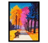 Park Bench Colourful Tree Path Vibrant Landscape Framed Art Print Artery8 Multi A4