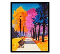 Artery8 Park Bench Colourful Tree Path Vibrant Landscape Living Room Artwork Framed Wall Art Print 18X24 Inch