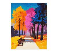 Artery8 Park Bench Colourful Tree Path Vibrant Landscape Wall Art Print | Size: W24" x H32" Artery8 Multicolor W24" x H32"