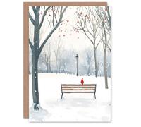 Artery8 Park Winter Snow Scene Cardinal Bird Christmas Fun Festive Xmas Card in White Artery8 White