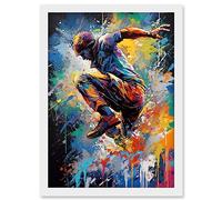 Artery8 Parkour Paint Splat Portrait Jump Action Shot Artwork Framed Wall Art Print A4 in White Artery8 White
