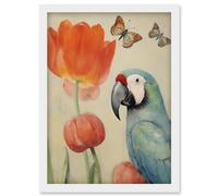 Artery8 Parrot and Tulips Flowers Butterflies Pastel Colour Artwork Floral Spring Oil Painting Artwork Framed Wall Art Print A4