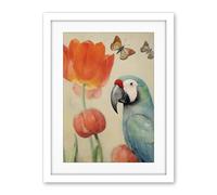 Artery8 Parrot and Tulips Flowers Butterflies Pastel Colour Artwork Floral Spring Oil Painting Artwork Framed Wall Art Print 18X24 Inch
