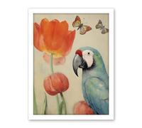 Artery8 Parrot and Tulips Flowers Butterflies Pastel Colour Artwork Floral Spring Oil Painting Artwork Framed Wall Art Print 18X24 Inch