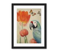 Artery8 Parrot and Tulips Flowers Butterflies Pastel Colour Artwork Floral Spring Oil Painting Artwork Framed Wall Art Print 18X24 Inch