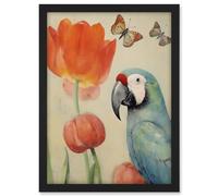 Artery8 Parrot and Tulips Flowers Butterflies Pastel Colour Artwork Floral Spring Oil Painting Artwork Framed A3 Wall Art Print