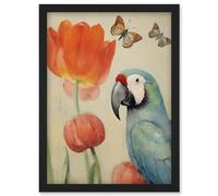 Artery8 Parrot and Tulips Flowers Butterflies Pastel Colour Artwork Floral Spring Oil Painting Artwork Framed Wall Art Print A4