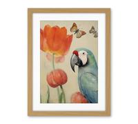 Artery8 Parrot and Tulips Flowers Butterflies Pastel Colour Artwork Floral Spring Oil Painting Artwork Framed Wall Art Print 18X24 Inch