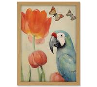 Artery8 Parrot and Tulips Flowers Butterflies Pastel Colour Artwork Floral Spring Oil Painting Artwork Framed A3 Wall Art Print