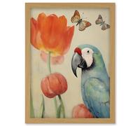 Artery8 Parrot and Tulips Flowers Butterflies Pastel Colour Artwork Floral Spring Oil Painting Artwork Framed Wall Art Print A4
