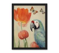 Artery8 Parrot and Tulips Flowers Butterflies Pastel Colour Artwork Floral Spring Oil Painting Artwork Framed Wall Art Print 18X24 Inch