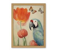 Artery8 Parrot and Tulips Flowers Butterflies Pastel Colour Artwork Floral Spring Oil Painting Artwork Framed Wall Art Print 18X24 Inch