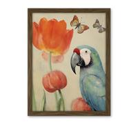 Artery8 Parrot and Tulips Flowers Butterflies Pastel Colour Artwork Floral Spring Oil Painting Artwork Framed Wall Art Print 18X24 Inch