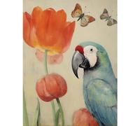 Artery8 Parrot and Tulips Flowers Butterflies Pastel Colour Artwork Floral Spring Oil Painting Extra Large XL Wall Art Poster Print