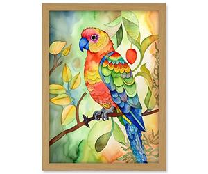 Artery8 Parrot Bird On Tree Branch Folk Art Watercolour Painting Artwork Framed A3 Wall Art Print