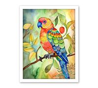 Artery8 Parrot Bird On Tree Branch Folk Art Watercolour Painting Artwork Framed Wall Art Print 18X24 Inch