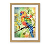 Artery8 Parrot Bird On Tree Branch Folk Art Watercolour Painting Artwork Framed Wall Art Print 18X24 Inch