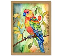 Artery8 Parrot Bird On Tree Branch Folk Art Watercolour Painting Artwork Framed Wall Art Print A4