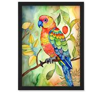 Artery8 Parrot Bird On Tree Branch Folk Art Watercolour Painting Artwork Framed Wall Art Print A4
