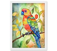 Artery8 Parrot Bird On Tree Branch Folk Art Watercolour Painting Artwork Framed Wall Art Print A4