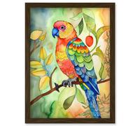 Artery8 Parrot Bird On Tree Branch Folk Art Watercolour Painting Artwork Framed Wall Art Print A4