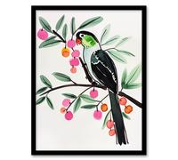 Artery8 Parrot Bird Pink Green Fruit Tree Branch Bright Framed Wall Art | Size: A4 Artery8 Green A4