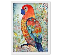 Artery8 Parrot Bird Portrait Folk Art Watercolour Painting Artwork Framed A3 Wall Art Print
