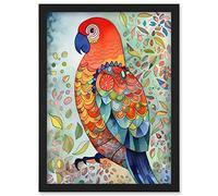 Artery8 Parrot Bird Portrait Folk Art Watercolour Painting Artwork Framed Wall Art Print A4
